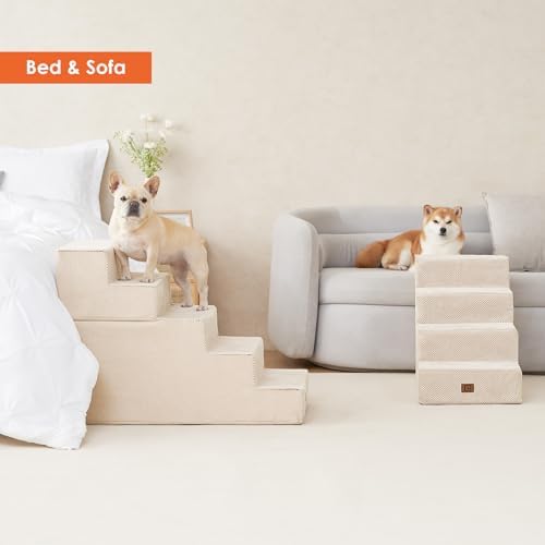 EHEYCIGA Dog Stairs for High Bed 25" H, Extra Wide Dog 5-Step, Beige - Image 7