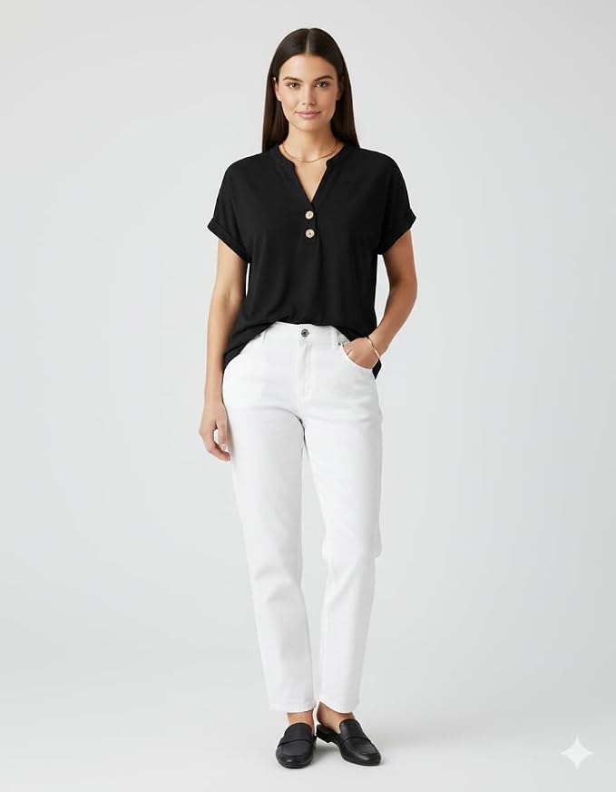 Womens Henley Summer Tops V Neck Button Dressy Casual T Shirts Blouses | Breathable, V-Neck Button, Striped, Loose Fit, Business Casual, Office, Vacation, Spring Summer Tops, Basic Shirts - Image 5
