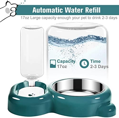 Dog Bowls, Cat Food and Water Bowl Set with Water Dispenser and Stainless Steel Bowl for Cats and Small Dogs - Dark Green - Image 2