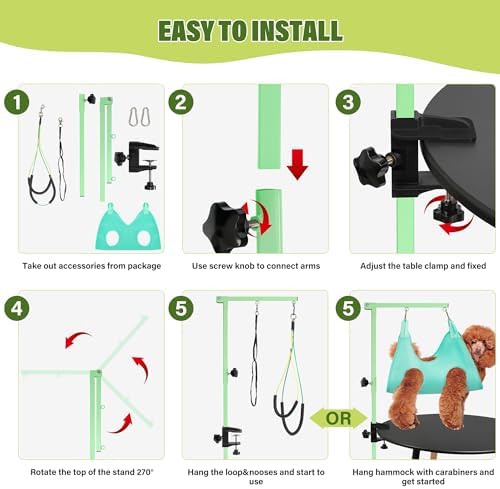 getlstub Dog Grooming Arm with Pet Grooming Hammock, 35" Pet Grooming Table Arm with Adjustable No Sit Haunch Holders, Dog Grooming Stand with Loop Noose for Small and Medium Pets, Green - Image 7