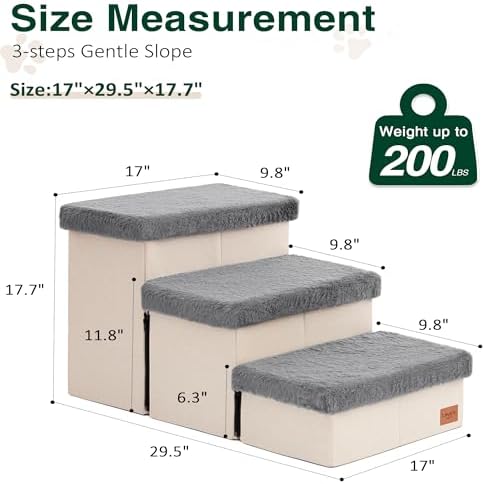 Love's cabin Dog Stairs for High Bed, Foldable Pet Stairs for Small Medium or Large Dogs Puppy with Storage for Bed or Couch, Cat Dog Steps Ramp with Zip up to 200 lbs, Grey, 3 Steps - Image 2