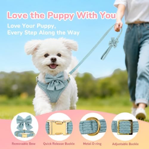 Small Dog Collar Harness and Leash Set with Bowtie, Adjustable Dog Harness Collar and Leash Set with Secure Metal Buckle, Breathable Cotton Adjustable Pet Puppy Harness, Easy Walk Harness, S(14–18.9") - Image 7