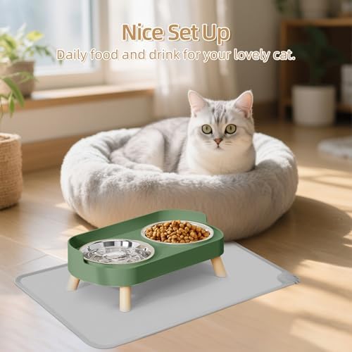 Elevated Cat Bowl with Food Mat, Raised Cat Food and Water Bowl Set for Indoor Cats, Splash Proof with 2 Stainless Steel Pet Food Bowls for Cats and Puppies,Whisker Fatigue and Dishwasher Safe (Green) - Image 7