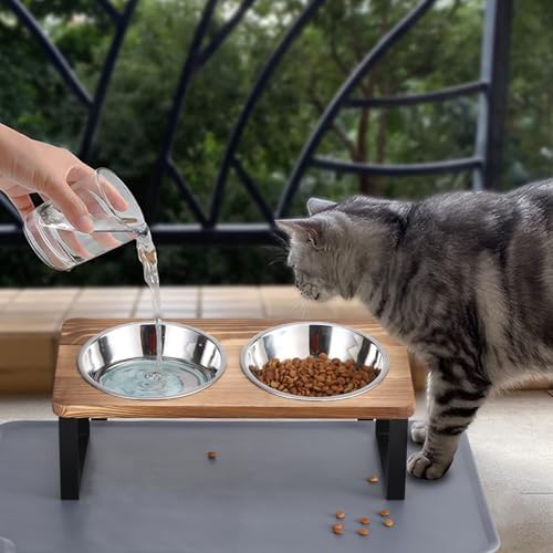 Upgraded Elevated Cat Bowls with Food Mat,15°Tilted Stand Anti Vomiting Raised Cat Dishes for Food and Water,2 Stainless Steel Bowls for Cats and Puppy(Rustic Brown) - Image 7