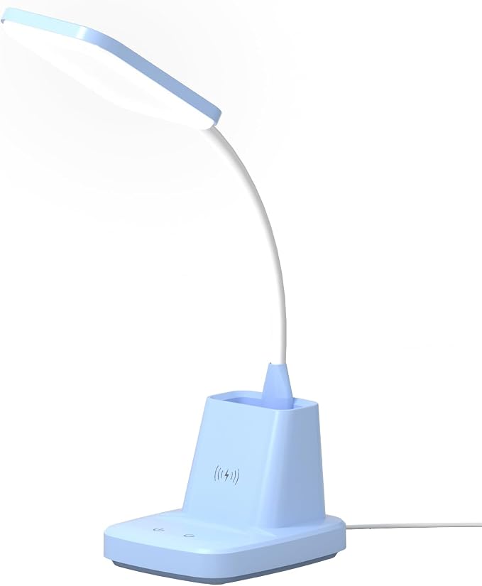 LED Desk Lamp with 10W Wireless Charging & Pen Holder, Blue | CRI 95, 800LM, Stepless Dimming, 3 Modes, 360°Flexible Arm, Touch, Study Table Lamp for Home Office, Dorm Room, with Adapter - Image 8