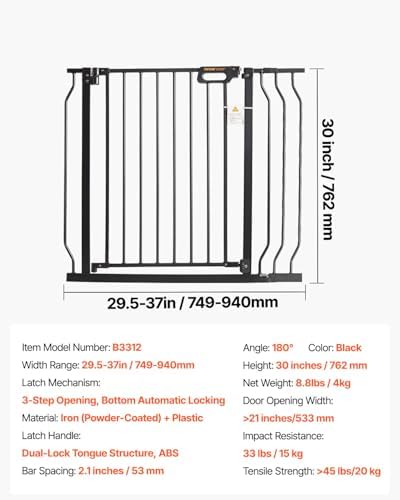 VEVOR Baby Gate, 29.5-37 in Adjustable Width, 30in High Dog Gate, Easy Step Walk Thru, Auto Close, Child Pet Security, with Pressure Mount Kit and Wall Mount Kit, for Stairs Doorways and House, Black - Image 7