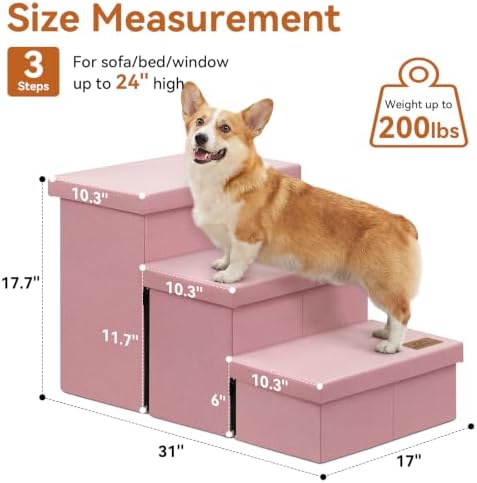 Zerbuger Dog Stairs with Storage, Pink 3 Steps Dog Ramp no Condo for Bed - Image 2