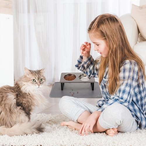 Summark Upgraded Elevated Cat Bowls with Food Mat,15°Tilted Stand Anti Vomiting Raised Cat Dishes for Food and Water,2 Stainless Steel Bowls for Cats and Puppy(Gray) - Image 7