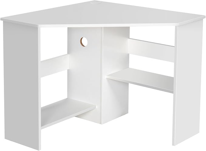 Tangkula White Corner Desk - 90 Degrees Triangle for Computer, Small Space, Bedroom, Makeup Vanity Desk with Storage Shelves & CPU Stand, Space Saving Writing Desk - Image 9