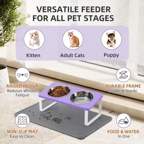 Summark Upgraded Elevated Cat Bowls with Food Mat,15°Tilted Stand Anti Vomiting Raised Cat Dishes for Food and Water,2 Stainless Steel Bowls for Cats and Puppy(Lavender) - Image 7