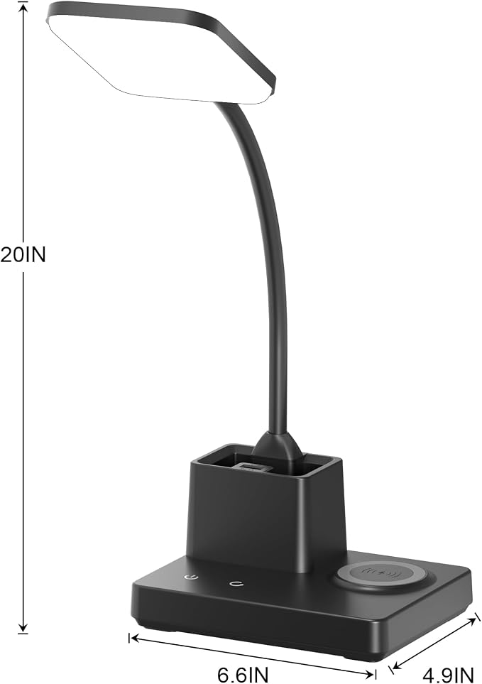 Wireless Charging Desk Lamp USB Charging & Pen Holder, Matte Black | CRI 95, 800LM, Stepless Dimming, 3 Modes, 360°Flexible Arm, Touch, Study Table Lamp for Home Office, Dorm Room, with Adapter - Image 8
