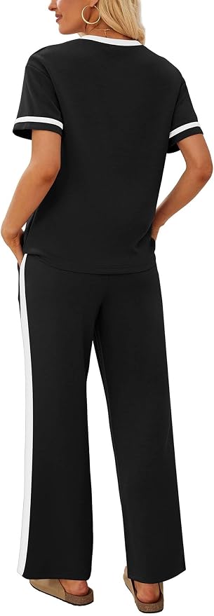 Sampeel 2 Piece Sets for Women Matching Sets Summer Outfits Resort Wear Short Sleeve Lounge Set Wide Leg Pants with Pockets - Image 5