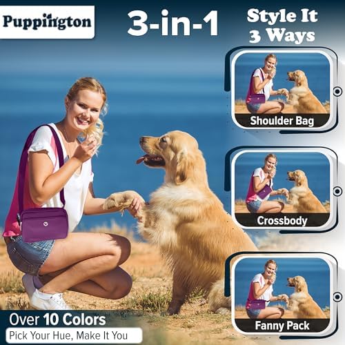 Puppington 3-in-1 Crossbody Dog Walking Bag & Treat Pouch with Matching Planet Safe Poop Bags & Built-In Dispenser - Dog Mom Gift for Puppy Training with Zippered Pockets (Plum Wine) - Image 2