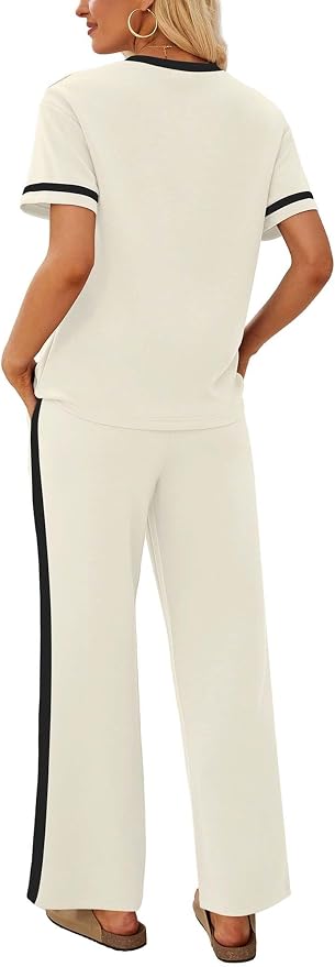 Sampeel 2 Piece Sets for Women Matching Sets Summer Outfits Resort Wear Short Sleeve Lounge Set Wide Leg Pants with Pockets - Image 5
