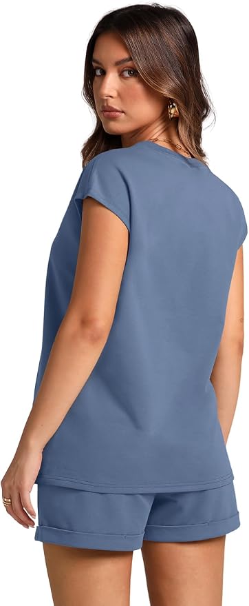 WIHOLL 2 Piece Sets for Women Casual Summer Travel Vacation Outfits Cap Sleeve Shorts Lounge Set - Image 5