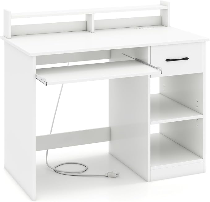 Giantex White Desk with Drawers, Modern Home Office Desk with Keyboard Tray, Monitor Stand & Adjustable Shelf, PC Laptop Table Computer Workstation, Study Writing Desk for Small Spaces, Bedroom - Image 9