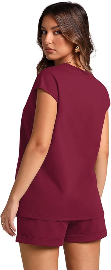 WIHOLL 2 Piece Sets for Women Casual Summer Travel Vacation Outfits Cap Sleeve Shorts Lounge Set - Image 5