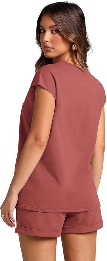 WIHOLL 2 Piece Sets for Women Casual Summer Travel Vacation Outfits Cap Sleeve Shorts Lounge Set - Image 5
