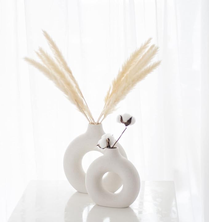 CEMABT White Donut Vase Hollow Ceramic Vase for Flowers Handmade Minimalist Boho ins Style Modern Home Decor for Wedding Dinner Table Party Living Room Office Bedroom(S) - Image 7
