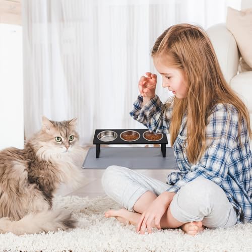 Summark Upgraded Elevated Cat Bowls with Food Mat,15°Tilted Stand Anti Vomiting Raised Cat Dishes for Food and Water,3 Stainless Steel Bowls for Cats and Puppy(Black) - Image 7
