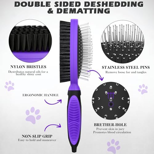 2PCS Pet Grooming Tools - Double-Sided Brush for Shedding and Bathing, Suitable for Short/Long Haired Dogs Cats and Horses, Deshedding Dog Brush, Mane & Tail Combs for Horses - Pet Supplies (Purple) - Image 7