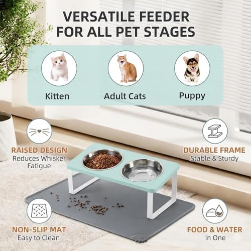 Summark Upgraded Elevated Cat Bowls with Food Mat,15°Tilted Stand Anti Vomiting Raised Cat Dishes for Food and Water,2 Stainless Steel Bowls for Cats and Puppy(Teal) - Image 7