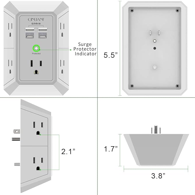 USB Wall Charger, Surge Protector, QINLIANF 5 Outlet Extender with 4 USB Charging Ports(2U2C) 3-Sided 1680J Power Strip Multi Plug Outlets Wall Adapter Spaced for Home Travel Office, Grey - Image 7