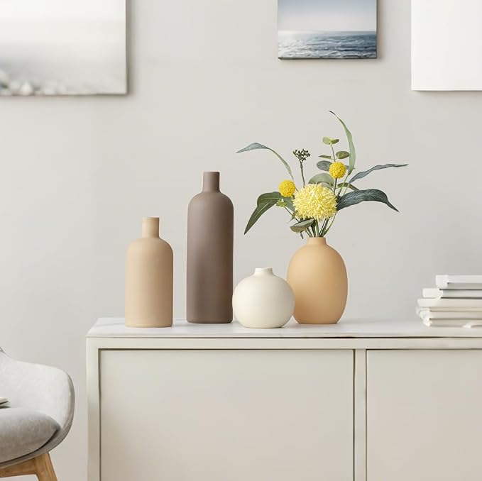 Modern Ceramic Vase Set, Neutral Colors, Decorative Vases for Home Shelf Decor, 4 Piece Collection, Happy Birthday Gifts for Women Mom Her Friend Sister Wife Grandma, Self Care Gift (Coffee Mix set 4) - Image 9
