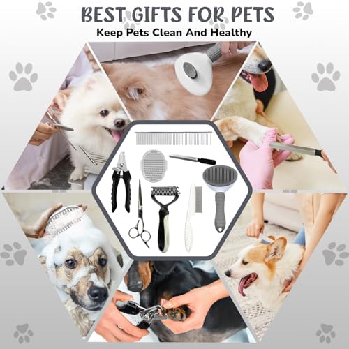Dog Brush & Grooming Kit – 9-Piece Pet Brush & Deshedding Set for Shedding, Bathing, Trimming & Nail Care | Grooming Tools for Dogs & Cats, Includes Comb, Nail Clipper, Scissors, Slicker Brush (Gray) - Image 7