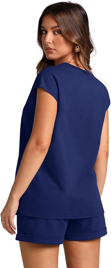 WIHOLL 2 Piece Sets for Women Casual Summer Travel Vacation Outfits Cap Sleeve Shorts Lounge Set - Image 5