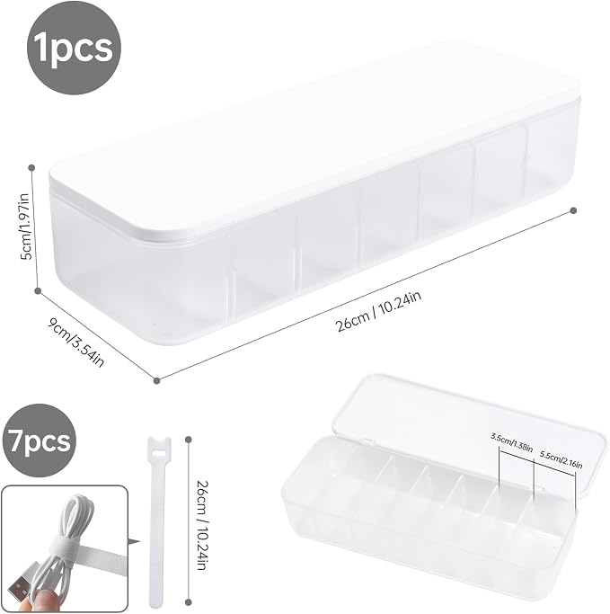PAVSTINE Cable Organizer Storage Box with 7 Wire Ties,Desktop Cable Management Box with Lid,Power Cord Organizer with 7 Compartments for Office,Home,Desk Accessories Storage Stationery Supplies White - Image 7