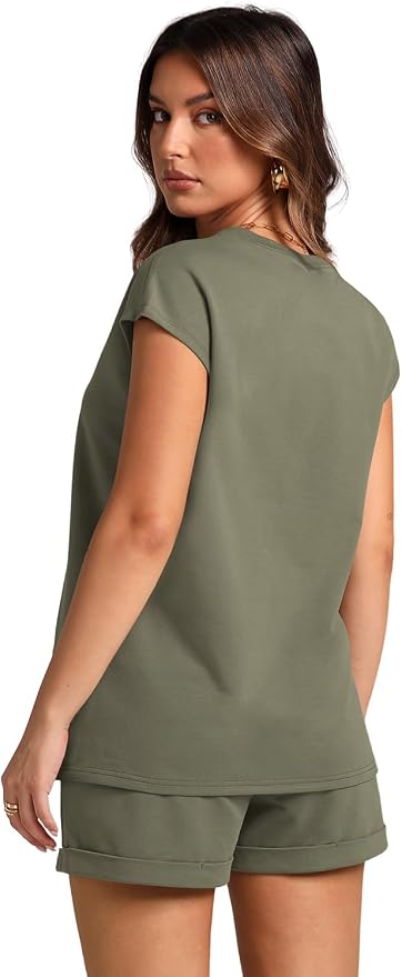 WIHOLL 2 Piece Sets for Women Casual Summer Travel Vacation Outfits Cap Sleeve Shorts Lounge Set - Image 5