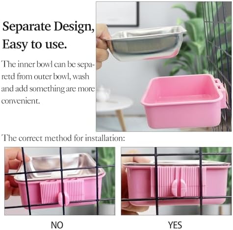 kathson Crate Dog Bowl, Removable Stainless Steel Hanging Pet Kennel Cage Bowl Food & Water Feeder Coop Cup for Puppy, Cat, Rabbit,Guinea Pigs 2pcs Large Square(Blue,Pink) (Pack of 2) - Image 6