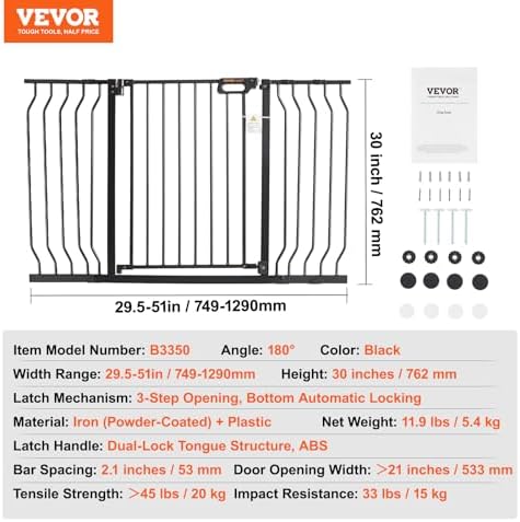 VEVOR 29.5-51" Extra Wide Safety Gate for Stairs, Auto Close Dog Gate for The House, Easy Install Pressure Mounted Pet Gates for Doorways, Easy Walk Thru Wide Safety Gate for Dog, Black - Image 7