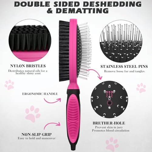 2PCS Pet Grooming Tools - Double-Sided Brush for Shedding and Bathing, Suitable for Short/Long Haired Dogs Cats and Horses, Deshedding Dog Brush, Mane & Tail Combs for Horses - Pet Supplies (Pink) - Image 7