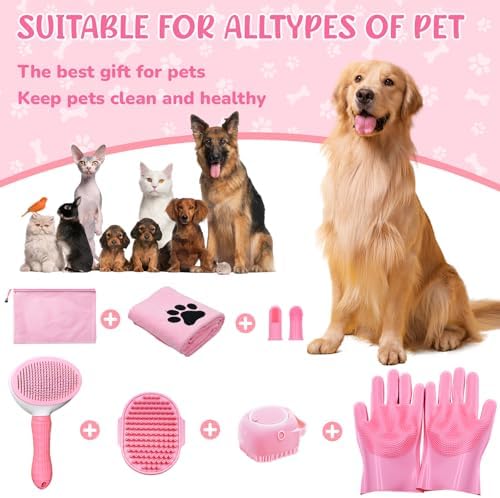 Dog Grooming Kit for Shedding – 8-Piece Pet Grooming Supplies with Deshedding Brush, Bath Gloves, Towels & Silicone Toothbrush | Ideal for Dogs, Cats, Small and Large Pets (Pink) - Image 7