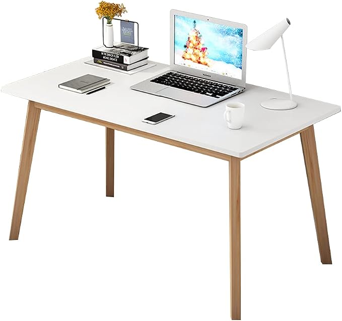 IOTXY Simple Wooden Writing Desk - Modern Minimalist Style PC Laptop Computer Workbench with Solid Wood Legs, 47" W Home Office Work Table for TV Stand Music Video Live Broadcast Workstation, White - Image 10