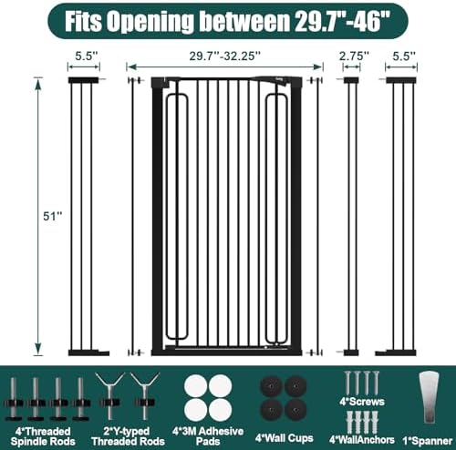 keny 51" Extra Tall Pet Gate, 29.7"-46" Wide Adjustable Cat Gate - Image 6