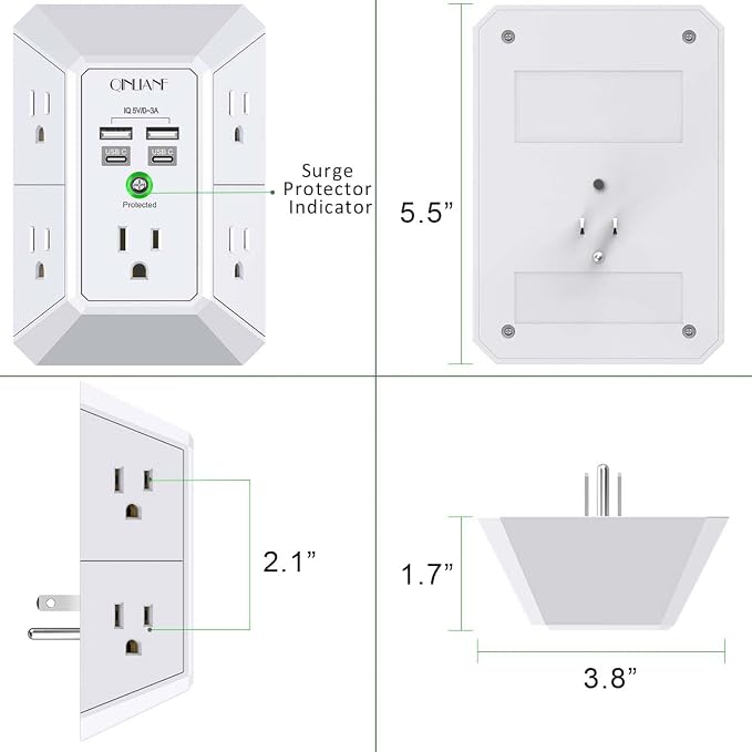 USB Wall Charger, Surge Protector, QINLIANF 5 Outlet Extender with 4 USB Charging Ports(2U2C) 3-Sided 1680J Power Strip Multi Plug Outlets Wall Adapter Spaced for Home Travel Office, White - Image 7