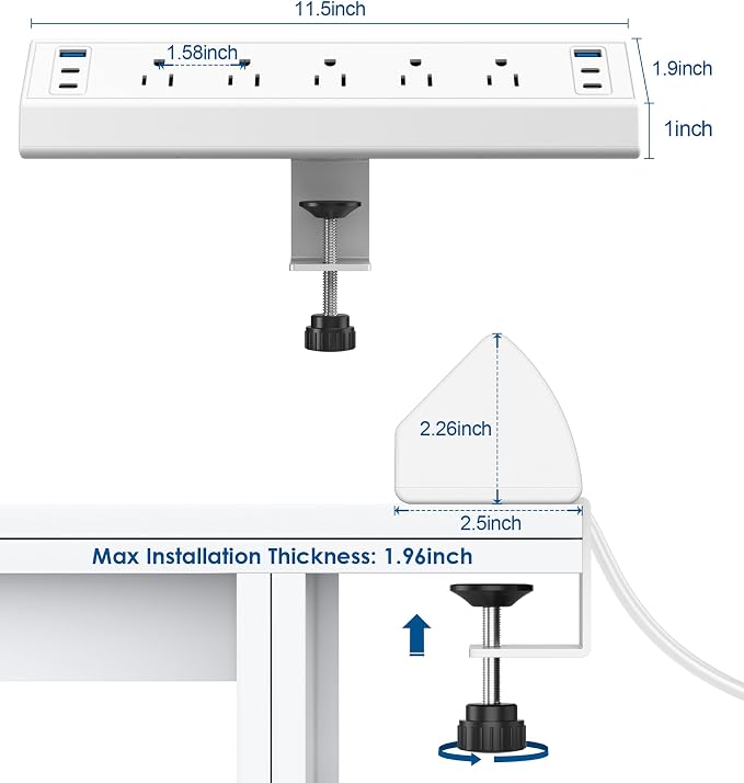Jgstkcity Desk Clamp Power Strip USB C,Table Surge Protector | 1200J,Total 40W Charging Hub,5 Outlets & 6 USB,6FT Extension Cord,Fits 1.96" Desktop Edge,Office,Gaming,Dorm,White - Image 7