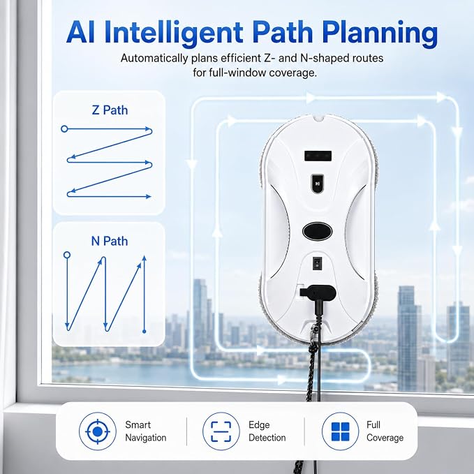 Robotic Window Cleaner with 3-Layer Safety, Smart Z/N Path Navigation, 2800Pa Strong Suction & UPS Anti-Drop, Perfect for High-Rise Windows, Glass Doors, Shower Glass, Gift for Parents - Image 6