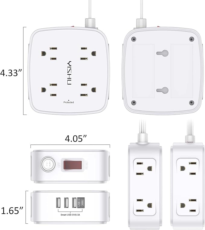 6 Ft Surge Protector Power Strip - YISHU 8 Widely Outlets with 4 USB Ports, 3 Side Outlet Extender with 6 Feet Flat Extension Cord, Ultra Flat Plug, Wall Mount, Desk USB Charging Station, ETL, White - Image 7