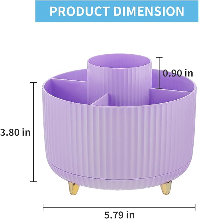 Marbrasse Desk Organizer, 360-Degree Rotating Pen Holder, Desk Organizers and Accessories with 5 Compartments Pencil Holder, Art Supply Storage Box Caddy for Office, Home(Purple) - Image 7