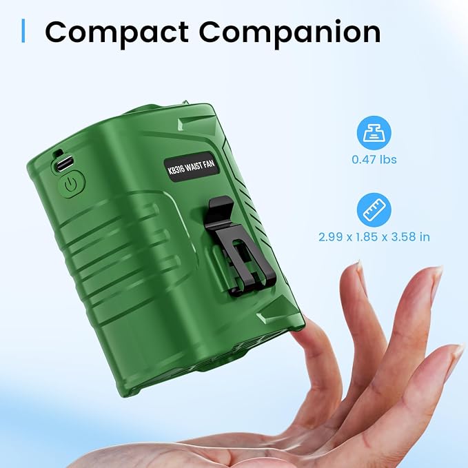 KIBEE Rechargeable Wearable Waist Fan, 12500RPM Strong Airflow with LED Light, 5 Speeds, 29H Long Lasting for Jobsite, Farm & Hiking - Image 8