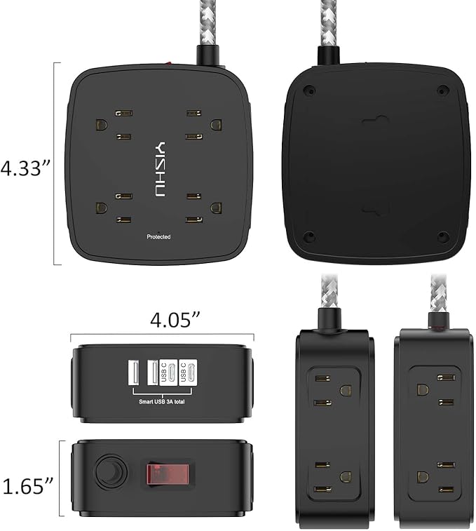 Surge Protector Power Strip - YISHU 8 Outlets with 4 USB (2 USB C) Charging Ports, 6Ft Braided Extension Cord, Flat Plug Multi Plug Outlet Extender Charging Station for Home Office, ETL, Black - Image 7