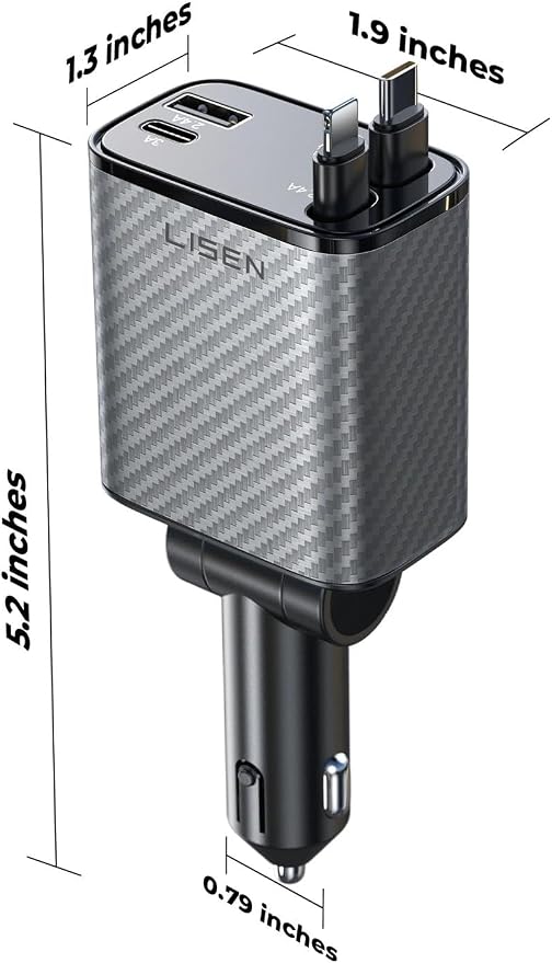 LISEN Retractable Car Charger, 84W Car Charger USB C Fast Charger Adapter, Car Accessories for Men Women, Gifts for Fathers Day for Men Dad Husband, for iPhone 17 16 15 14 13 12 Pro Max, Carbon-Grey | Multiple Ports Car Charger, Retractable Car Charger... - Image 8