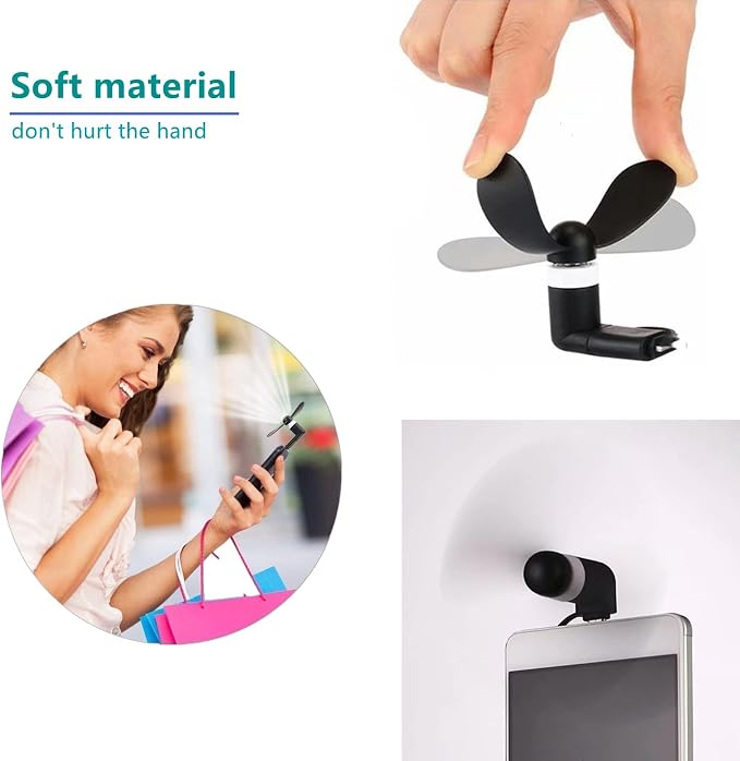 Type USB C 2-in-1 Cell Phone Fan, for iPhone All Series 7 8 X 11 12 13 14 15 16 17 XS XR Plus Mini Pro Max SE, for Samsung Galaxy S, Z Fold Flip, A1/A2/A3/A5 Series, M1/M3/M5, Note Series (Black x4) - Image 6