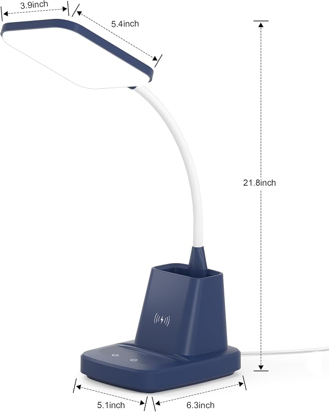 LED Desk Lamp with 10W Wireless Charging & Pen Holder, Navy Blue | CRI 95, 800LM, Stepless Dimming, 3 Modes, 360°Flexible Arm, Touch, Study Table Lamp for Home Office, Dorm Room, with Adapter - Image 9