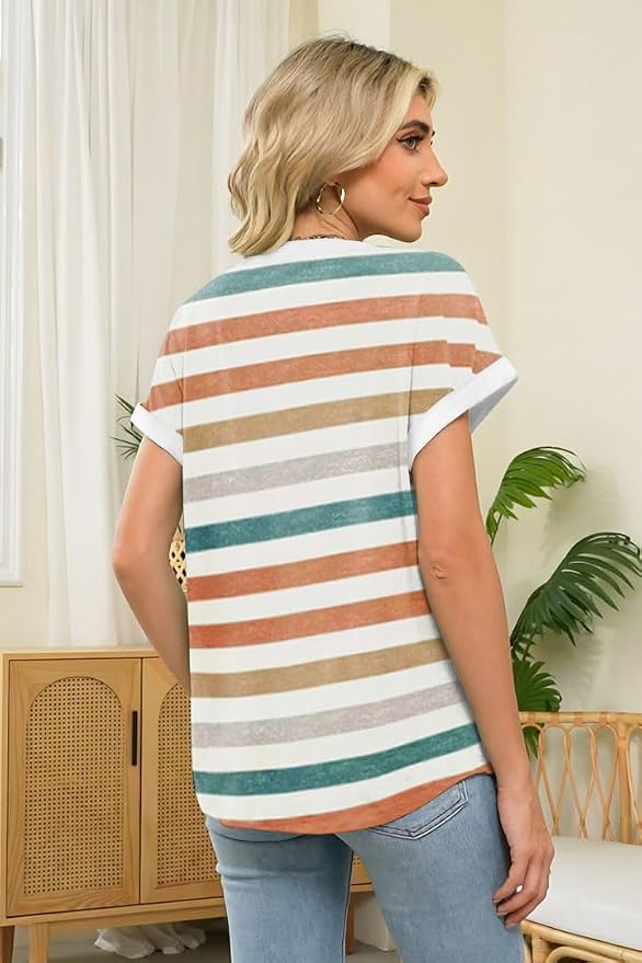 Womens Henley Summer Tops V Neck Button Dressy Casual T Shirts Blouses | Breathable, V-Neck Button, Striped, Loose Fit, Business Casual, Office, Vacation, Spring Summer Tops, Basic Shirts - Image 5