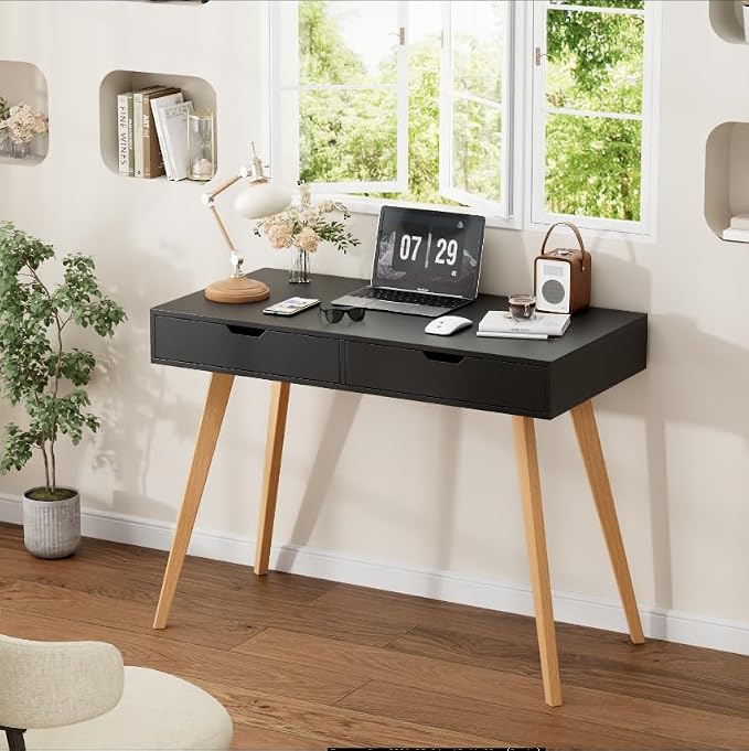 FOTOSOK White Computer Writing Desk with 2 Drawers, Small Desk Makeup Vanity Table Wood Desk with 4 Oak Legs, Modern Home Office Desk Console Study Table, Black - Image 4